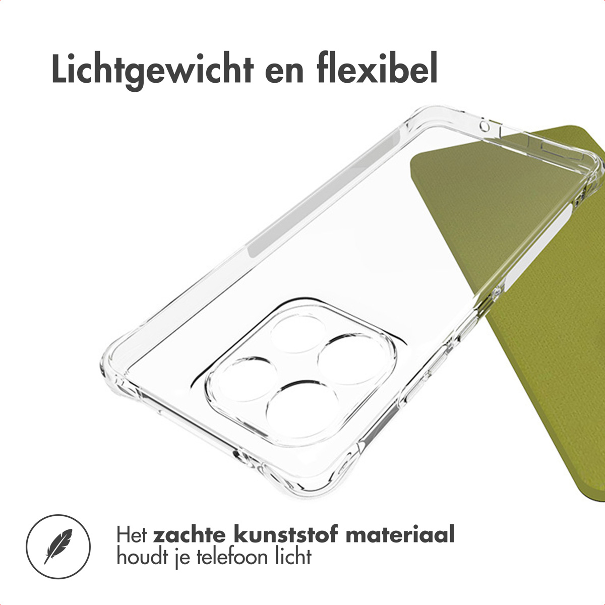 Transparante telefoonhoes op een groene ondergrond. Tekst: 'Lichtgewicht en flexibel'. De hoes is transparant. De achtergrond is licht.