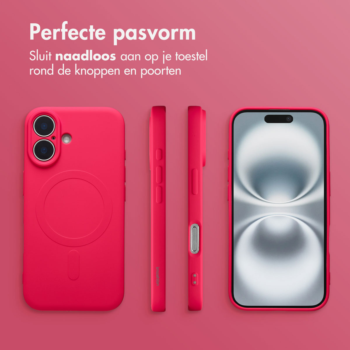 Une coque de téléphone rose et un téléphone sont affichés. Il y a trois vues de la coque et une avec le téléphone à l'intérieur, montrant un bon ajustement.