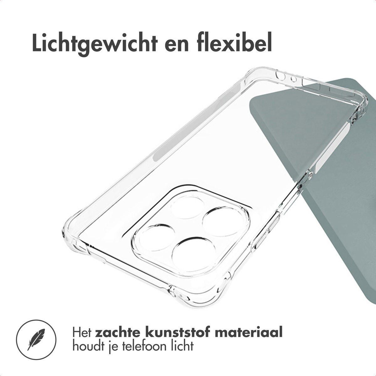 A clear phone case on a gray surface. Text says 'Lightweight and flexible' and 'The soft plastic material keeps your phone light'.
