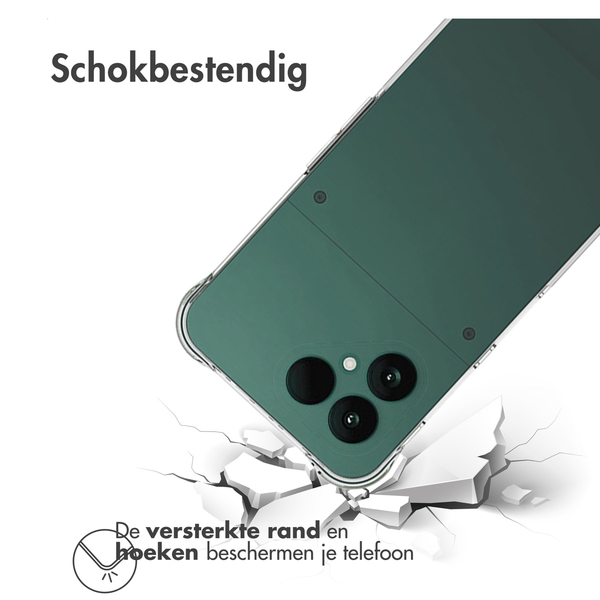 Une coque de téléphone est montrée, en angle, dos vert, avec un effet de sol fissuré. Le texte dit 'Schokbestendig'. Les bords renforcés protègent le téléphone.