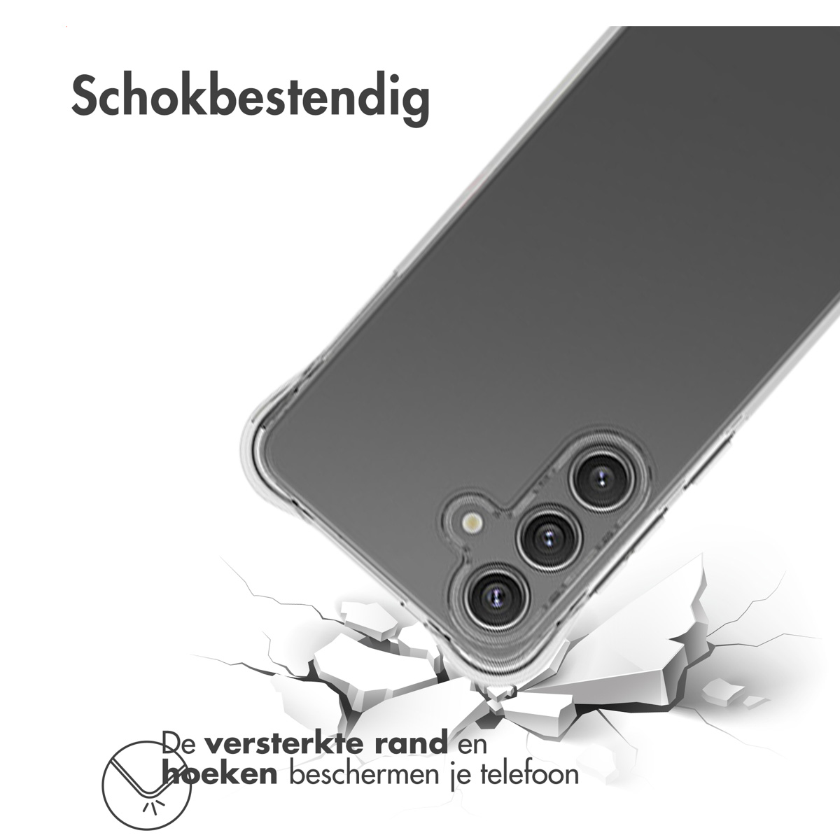 A phone case is falling. The background is white with text 'Schokbestendig'. The case is transparent and the text 'De versterkte rand en hoeken beschermen je telefoon'.