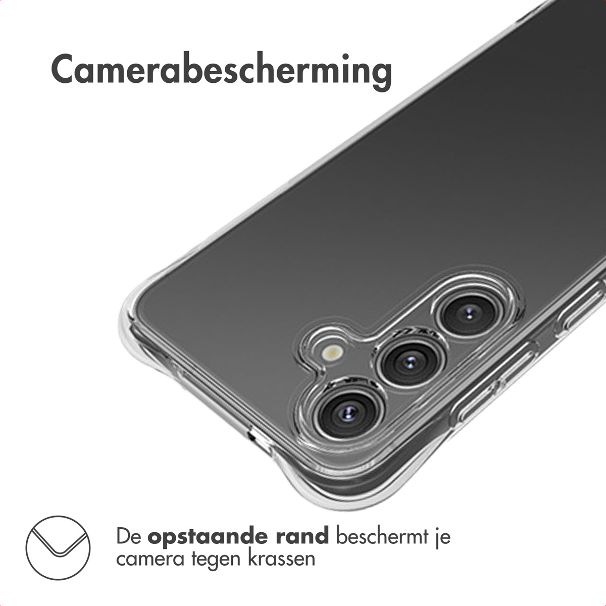 Clear phone case with camera protection. A phone with three camera lenses is inside. Text on the top left says 'Camera protection'.