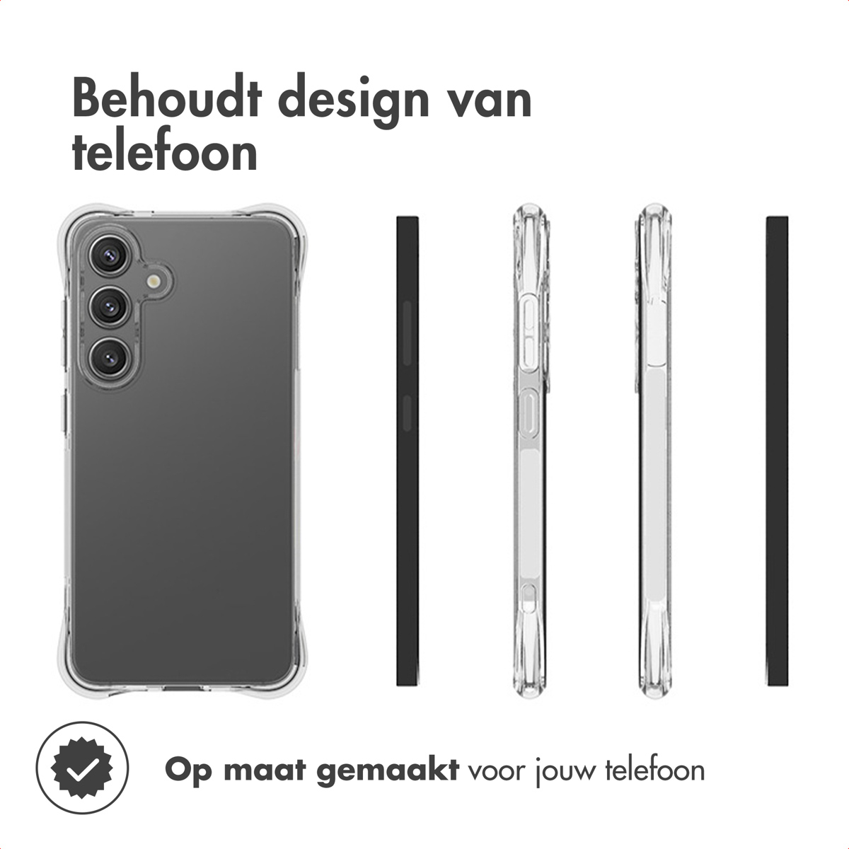 A phone in a clear case, three side views of the case, and two black bars. Text reads 'Maintains phone design' and 'Custom made for your phone'.