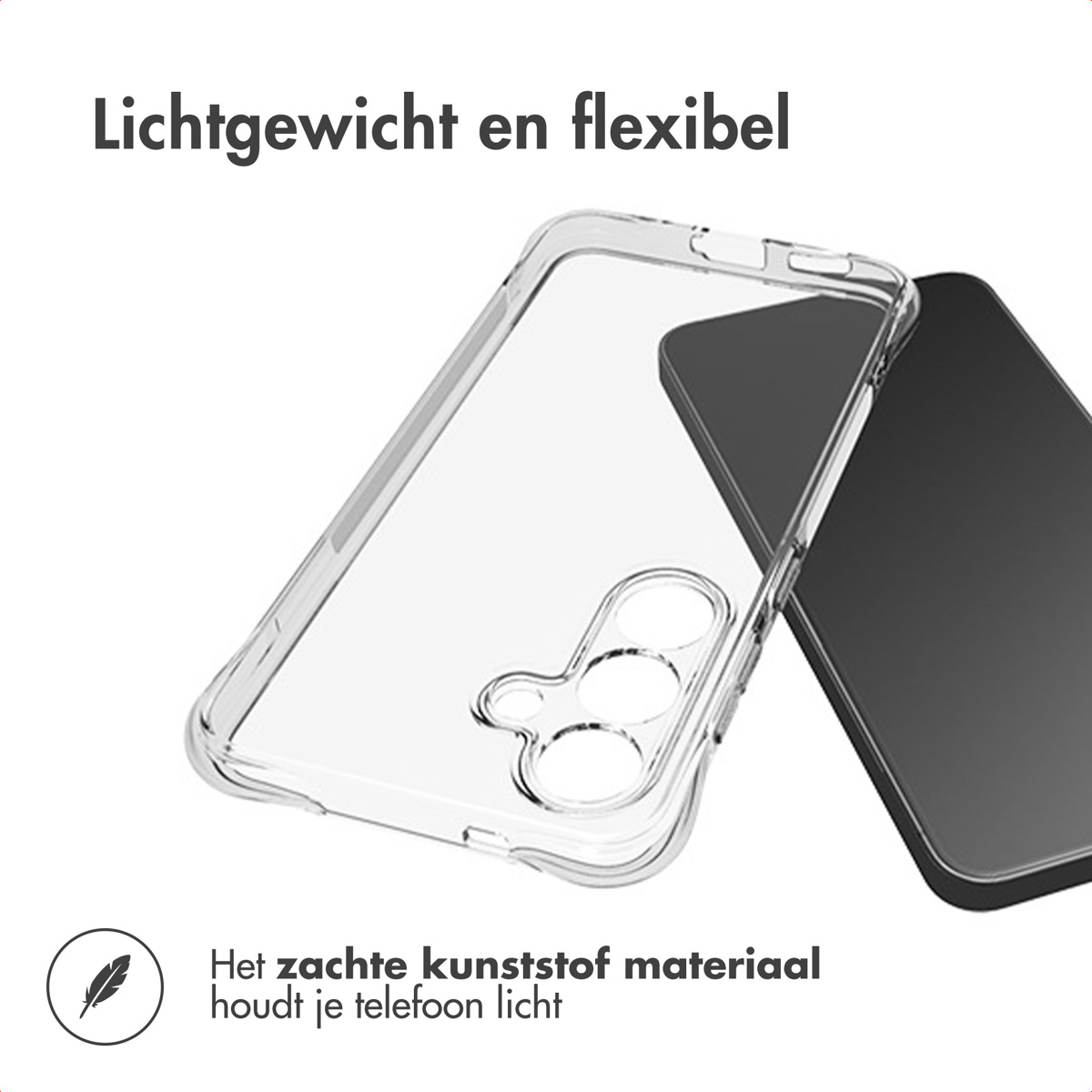A clear phone case next to a black phone. Text says 'Lightweight and flexible' and 'The soft plastic material keeps your phone light'.