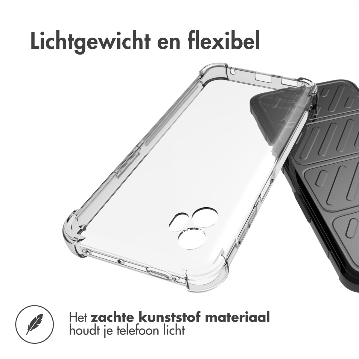 Custodia trasparente per telefono con una custodia nera accanto. Il testo dice 'leggero e flessibile'. Il materiale plastico morbido mantiene leggero il telefono.