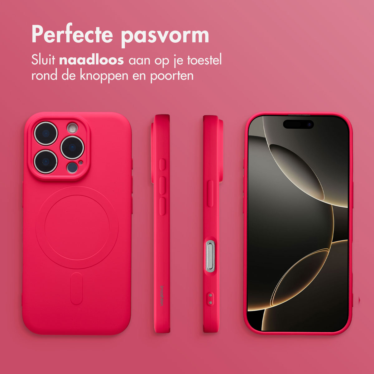Roze telefoonhoesjes en telefoon op een roze achtergrond. De hoesjes zijn in verschillende oriëntaties.