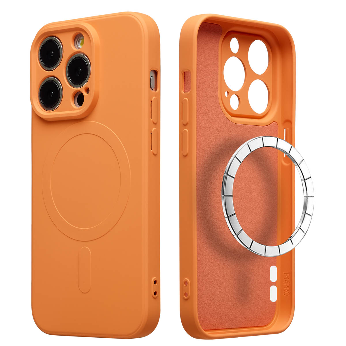 Twee oranje telefoonhoesjes. Eén toont de buitenkant met camera-uitsparingen. De andere toont de binnenkant met een zilveren magneetring.