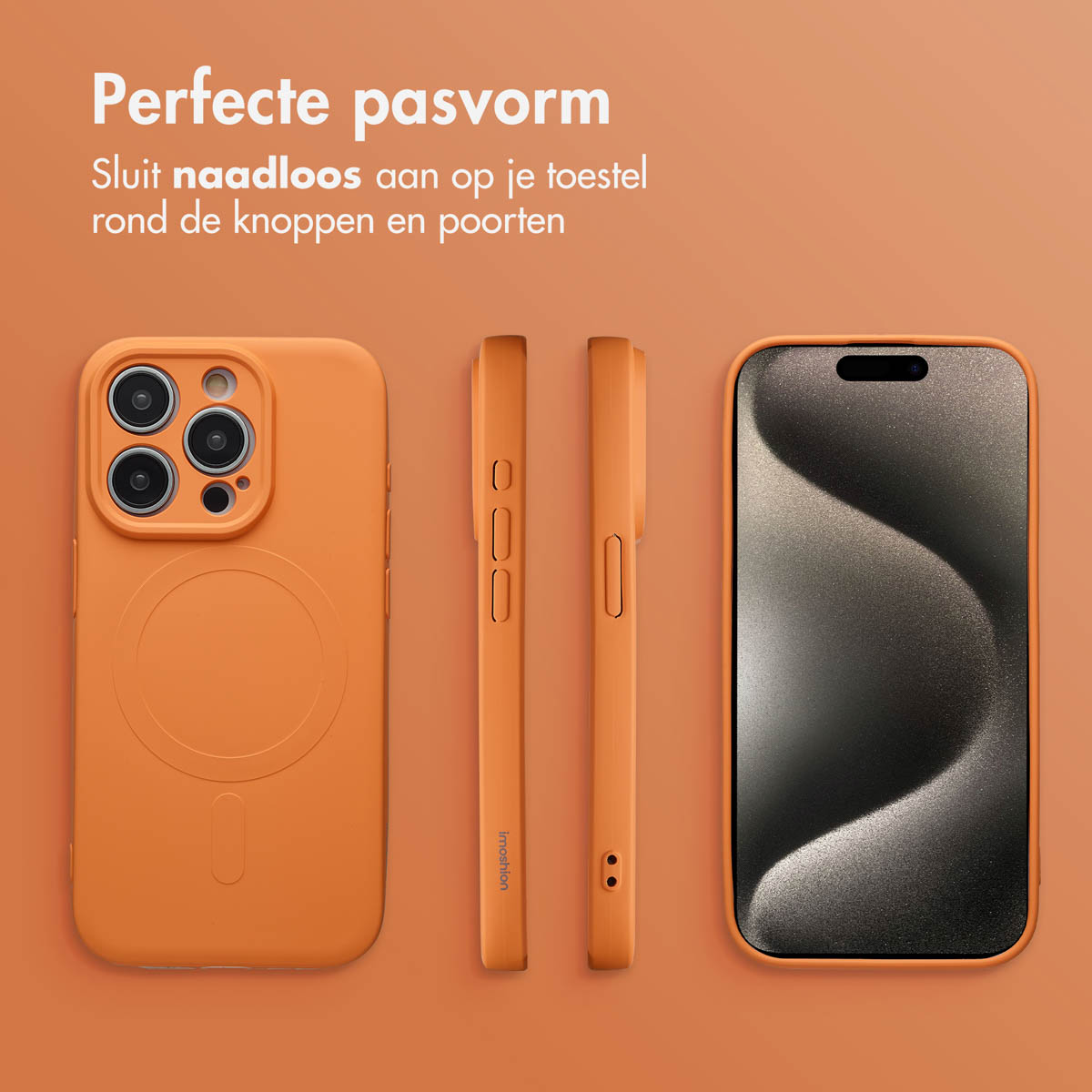 Oranje telefoonhoesje met telefoon en twee zijkanten. Het scherm is zwart. De achtergrond is oranje.