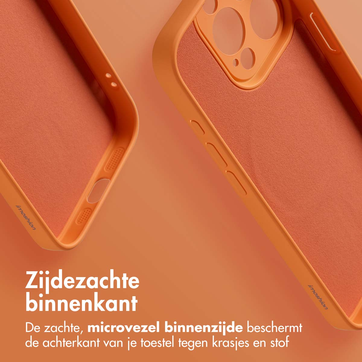 Oranje telefoonhoes binnenkant. Zachte microvezel beschermt de achterkant van de telefoon tegen krassen en stof.