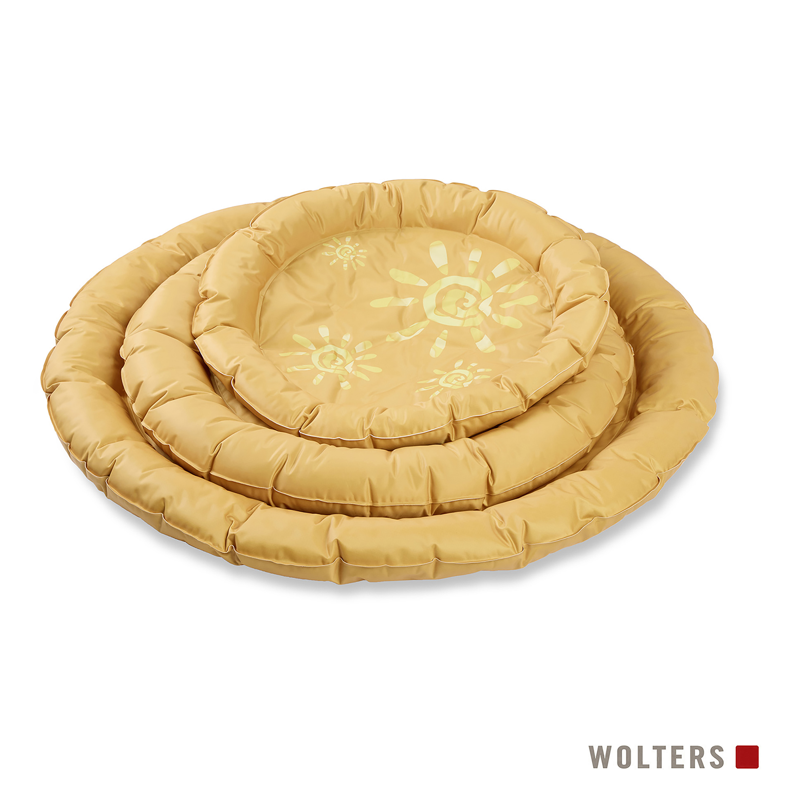 Dreischichtiges, gelbes Haustierbett. Die oberste Schicht hat Sonnendesigns. Weißer Hintergrund, unten rechts: WOLTERS-Logo.