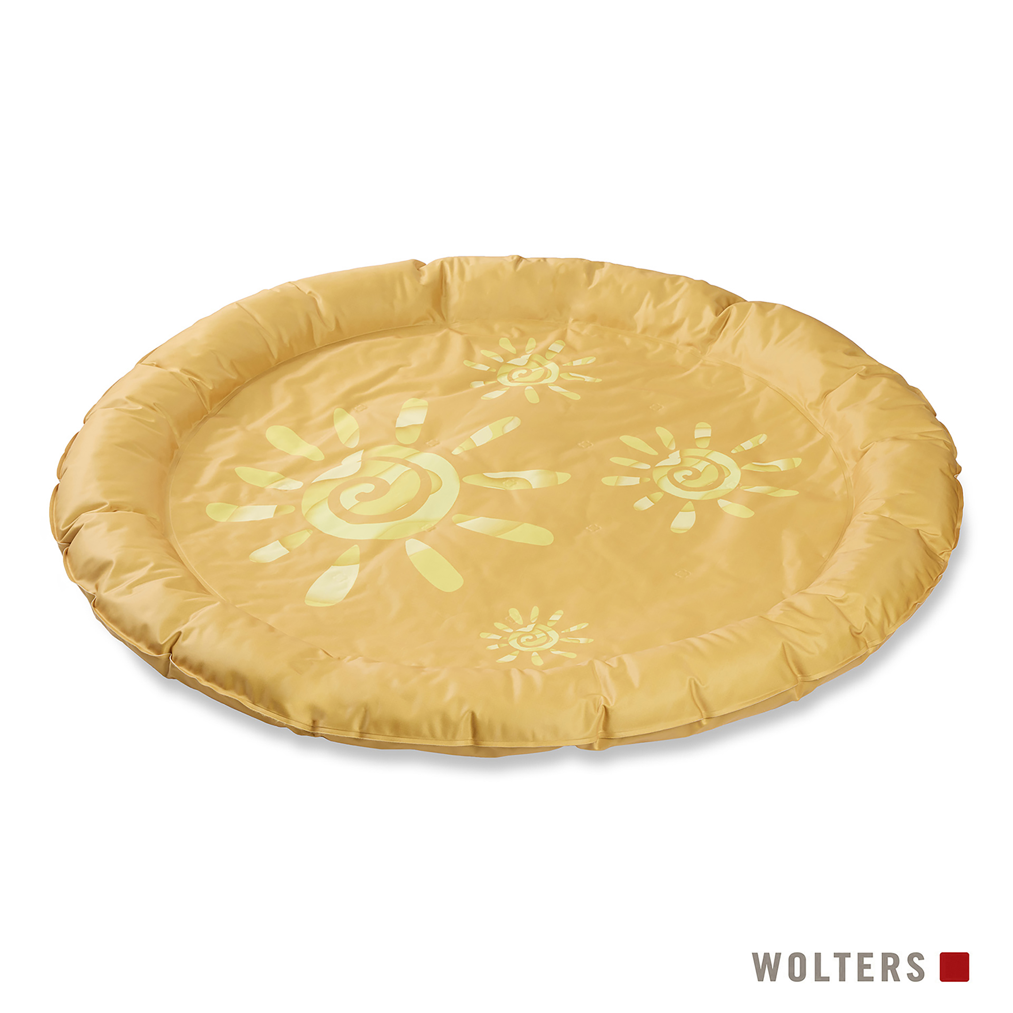 Eine runde, gelbe Spielmatte mit Sonnendesigns. Sie hat einen dicken, aufgeblasenen Rand und einen weißen Hintergrund.