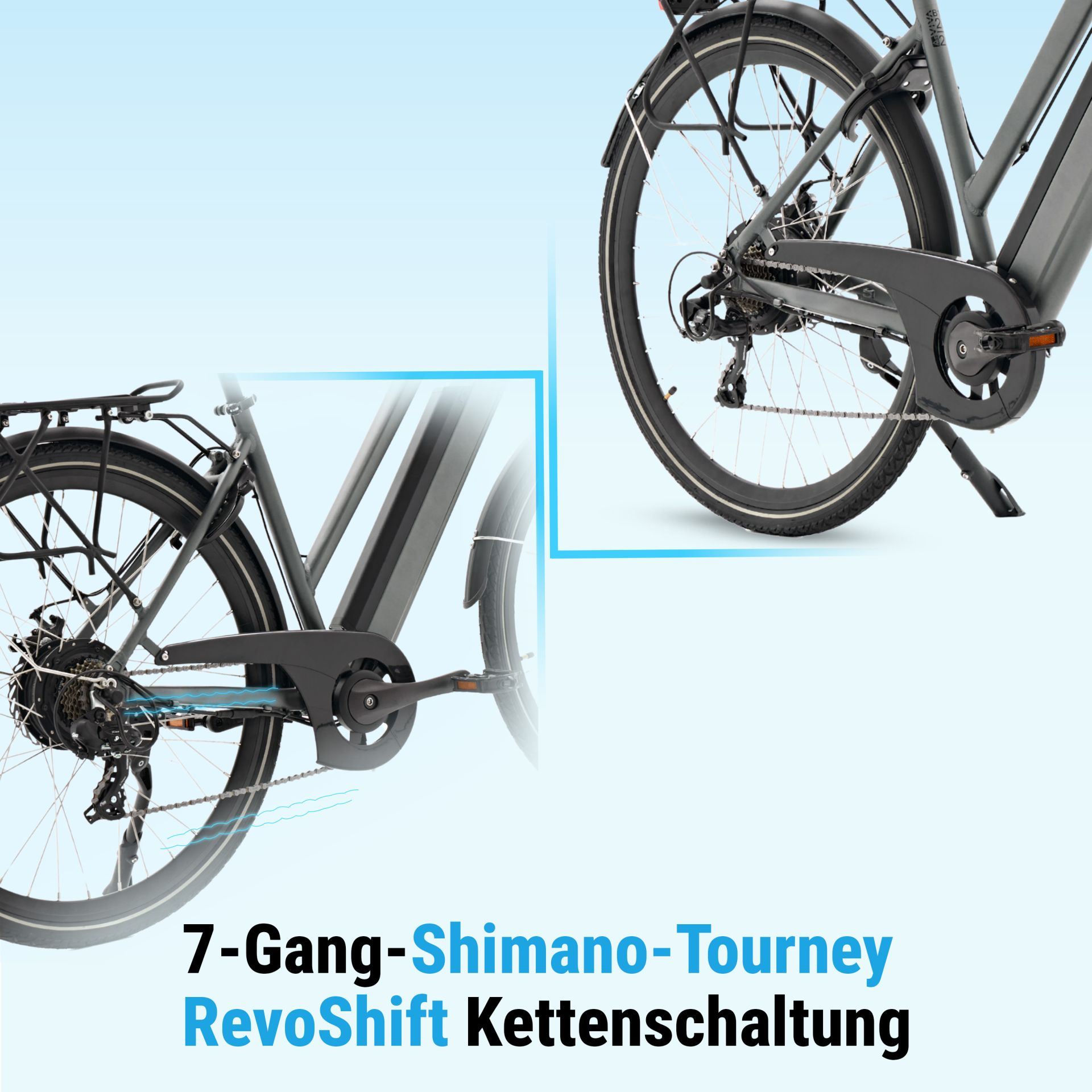 Nahaufnahme von Hinterrad, Kette und Gängen eines Fahrrads. Zeigt das 7-Gang-Shimano-Tourney RevoShift Ketten-schaltung System.
