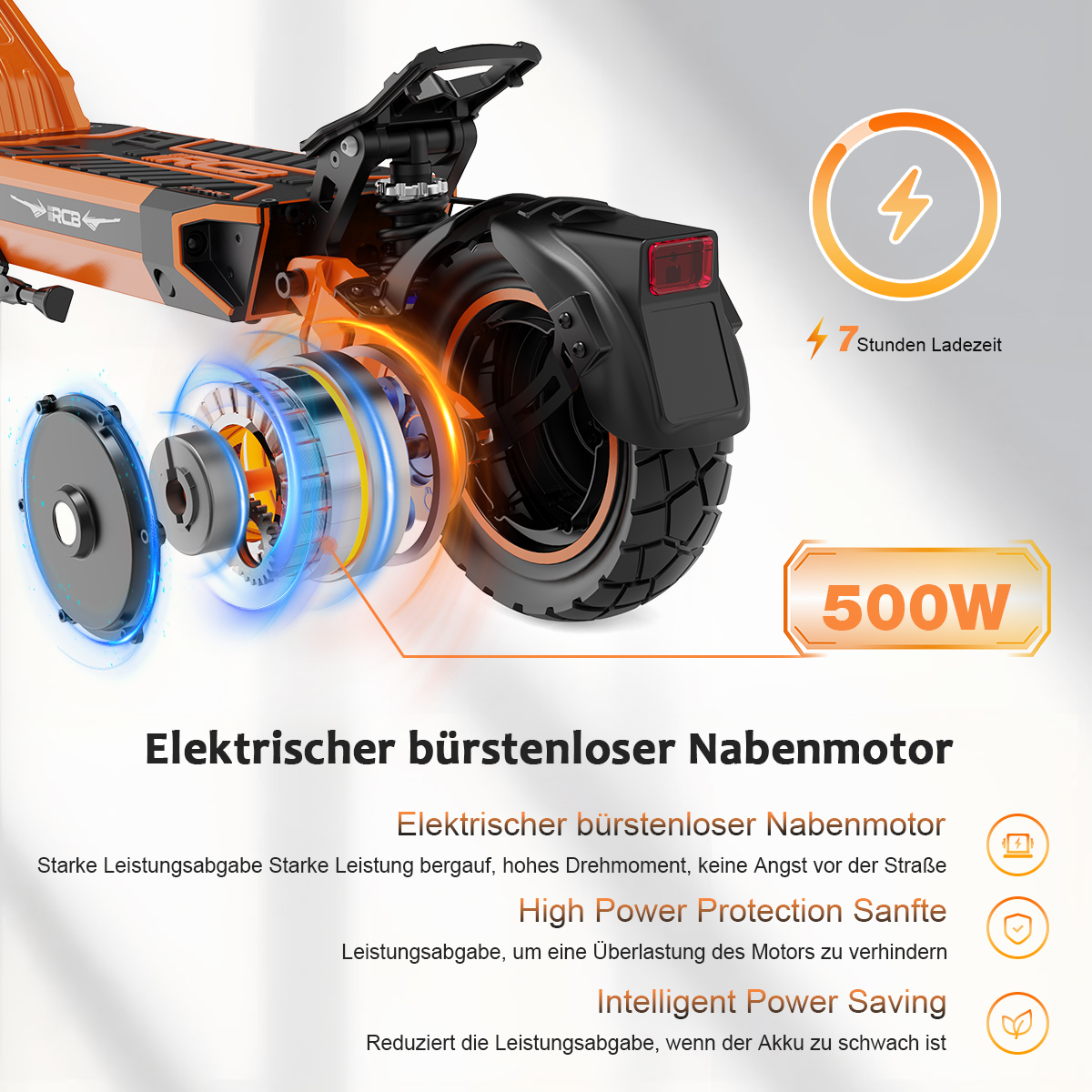 Ein orange-schwarzer Elektroroller mit einem Ausschnitt seines Motors. Details zu Leistung, Ladezeit und Motortyp sind angezeigt.