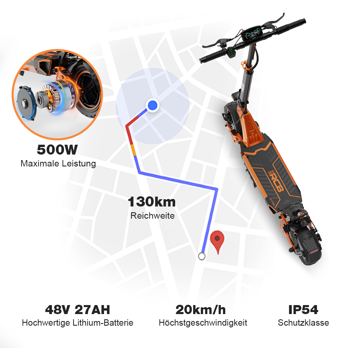 Ein orange-schwarzer Elektroroller. Technische Daten: 500W, 130km Reichweite, 48V 27AH Akku, 20km/h Geschwindigkeit, IP54.