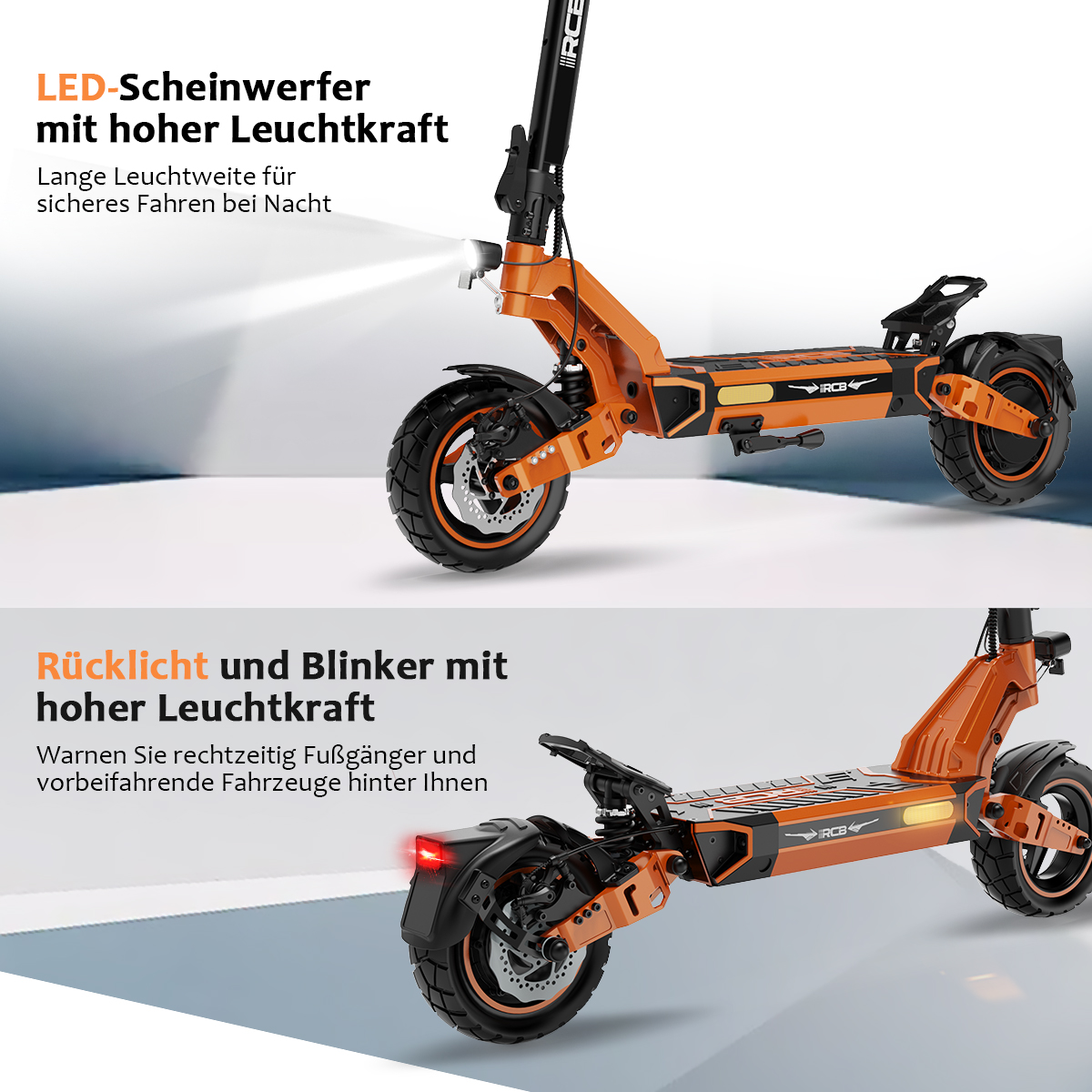 Ein orangefarbener Elektroroller mit hellen Scheinwerfern und Rücklichtern. Der Roller hat dicke Reifen und steht auf einem weißen und blauen Hintergrund.