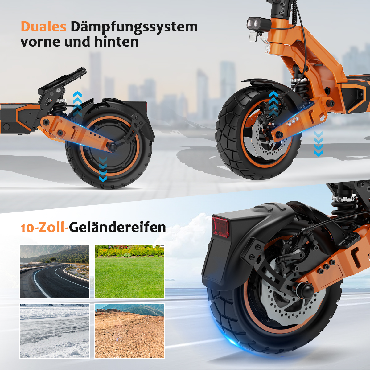 Ein orange-schwarzer Elektroroller mit großen Reifen. Deutscher Text hebt Merkmale hervor. Bilder verschiedener Terrains werden angezeigt.