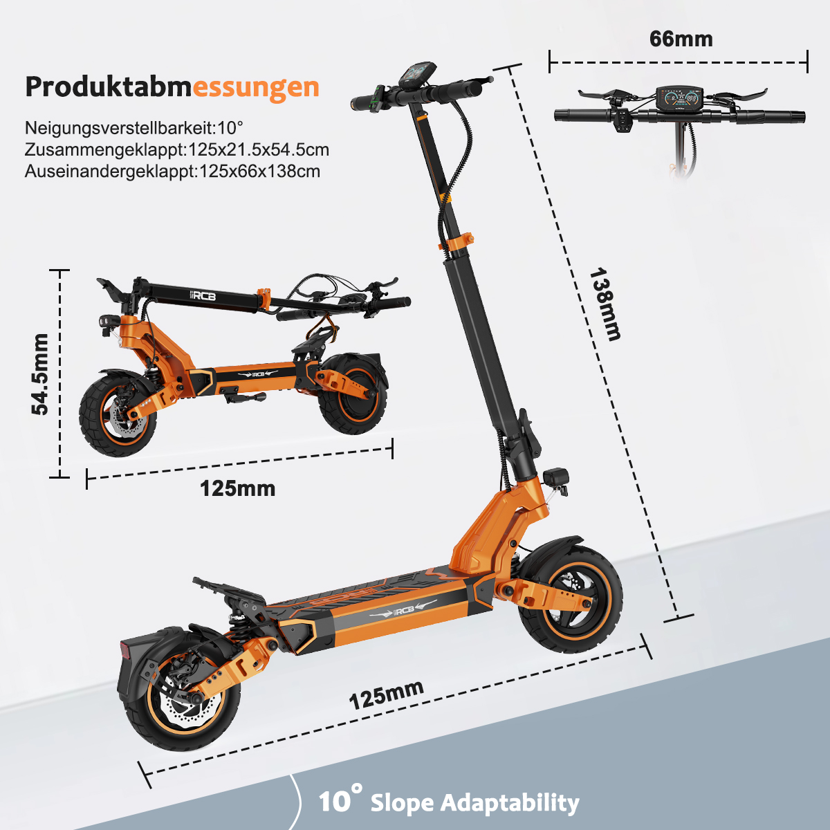 Ein orange-schwarzer Elektroroller mit Abmessungen und technischen Daten, einschließlich einer 10°-Hangneigung.