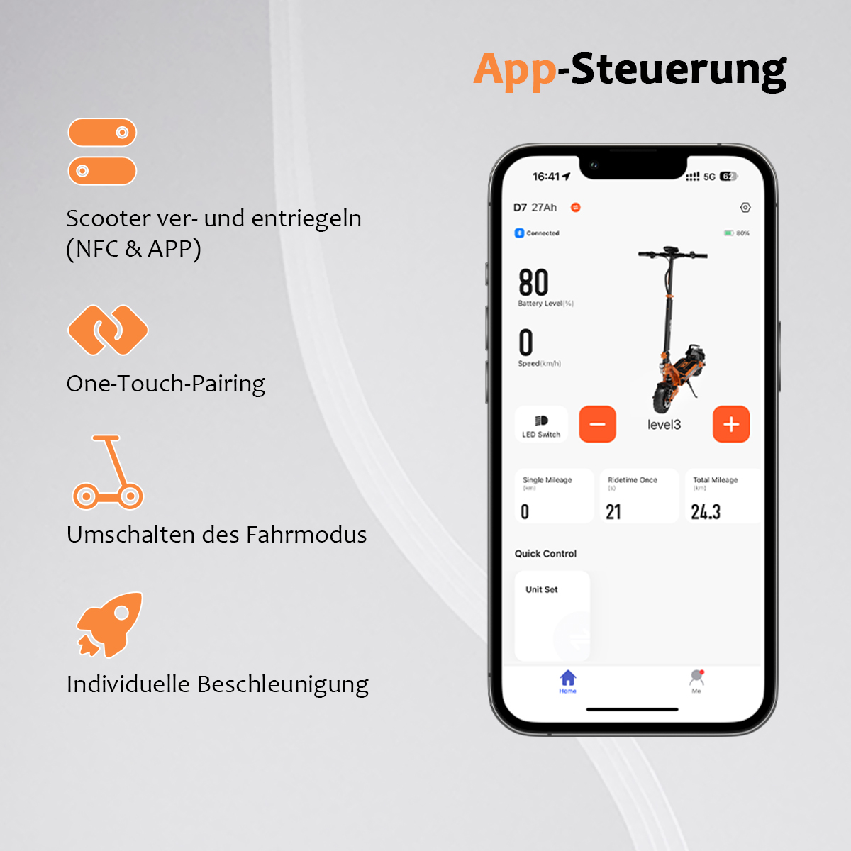 Smartphone-Bildschirm mit Scooter-Daten. Symbole zeigen App-Funktionen: NFC, Kopplung, Moduswechsel und Beschleunigungskontrolle.