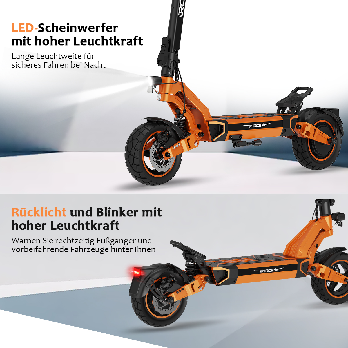 Ein orange-schwarzer Elektroroller wird gezeigt. Der Roller hat einen hellen Scheinwerfer und Rücklichter. Text beschreibt die Merkmale.