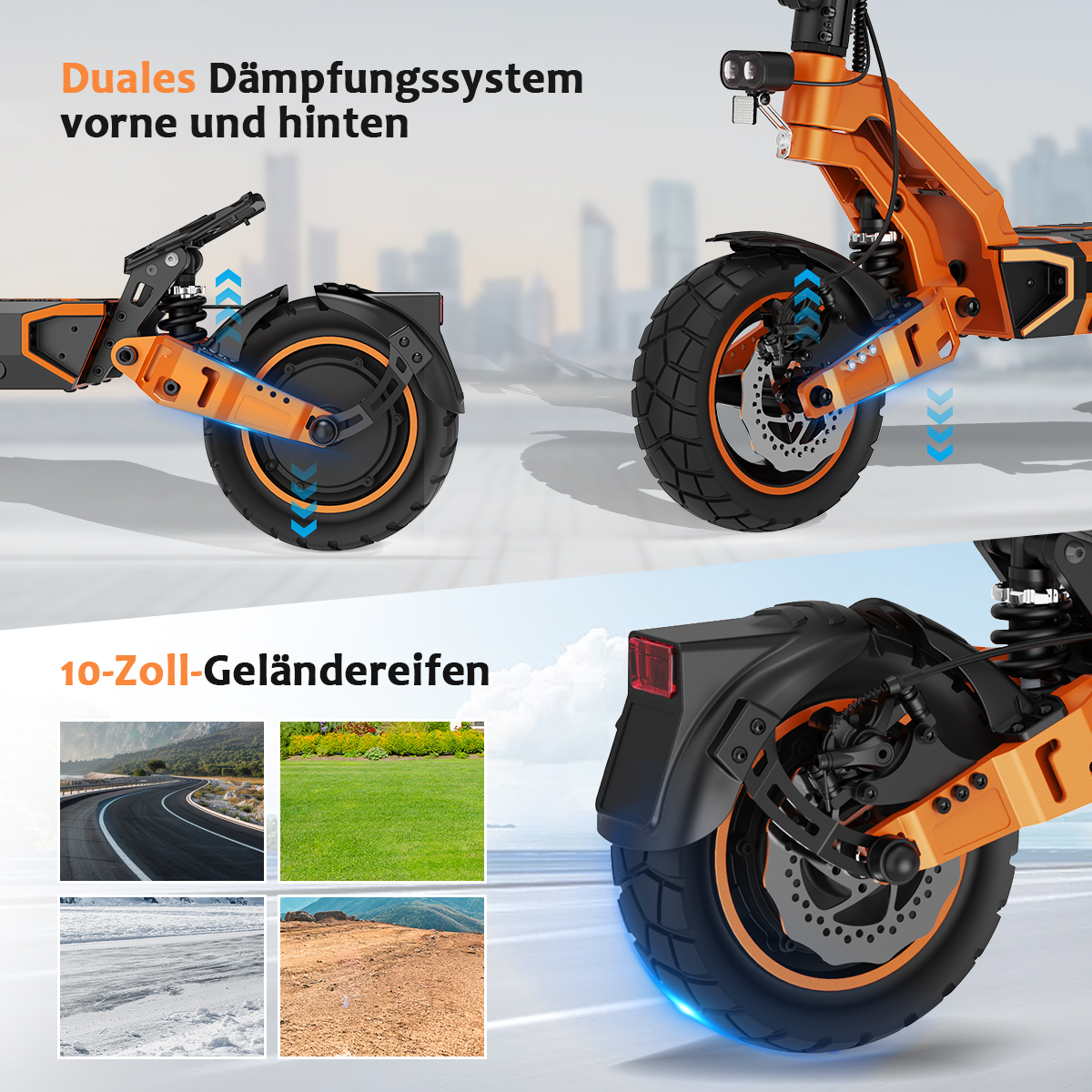 Gezeigt wird ein orangefarbener Elektroroller, der seine Dualfederung und Geländereifen hervorhebt. Hintergrund zeigt Stadt und Gelände.