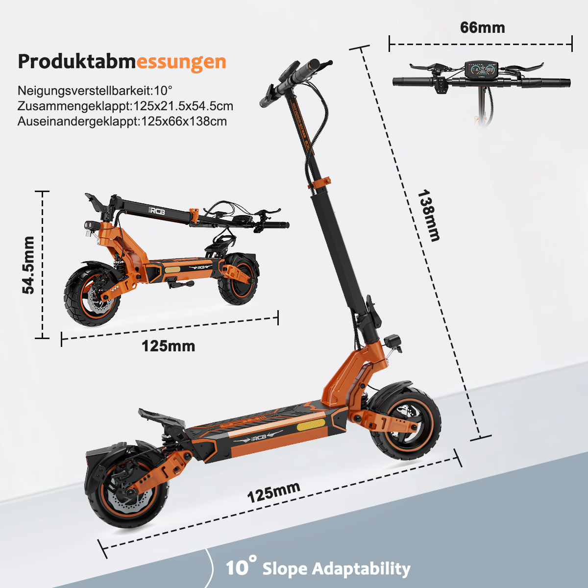Ein orange-schwarzer Elektroroller mit Maßen. Abmessungen sind beschriftet, mit einem kleineren Roller im Hintergrund.
