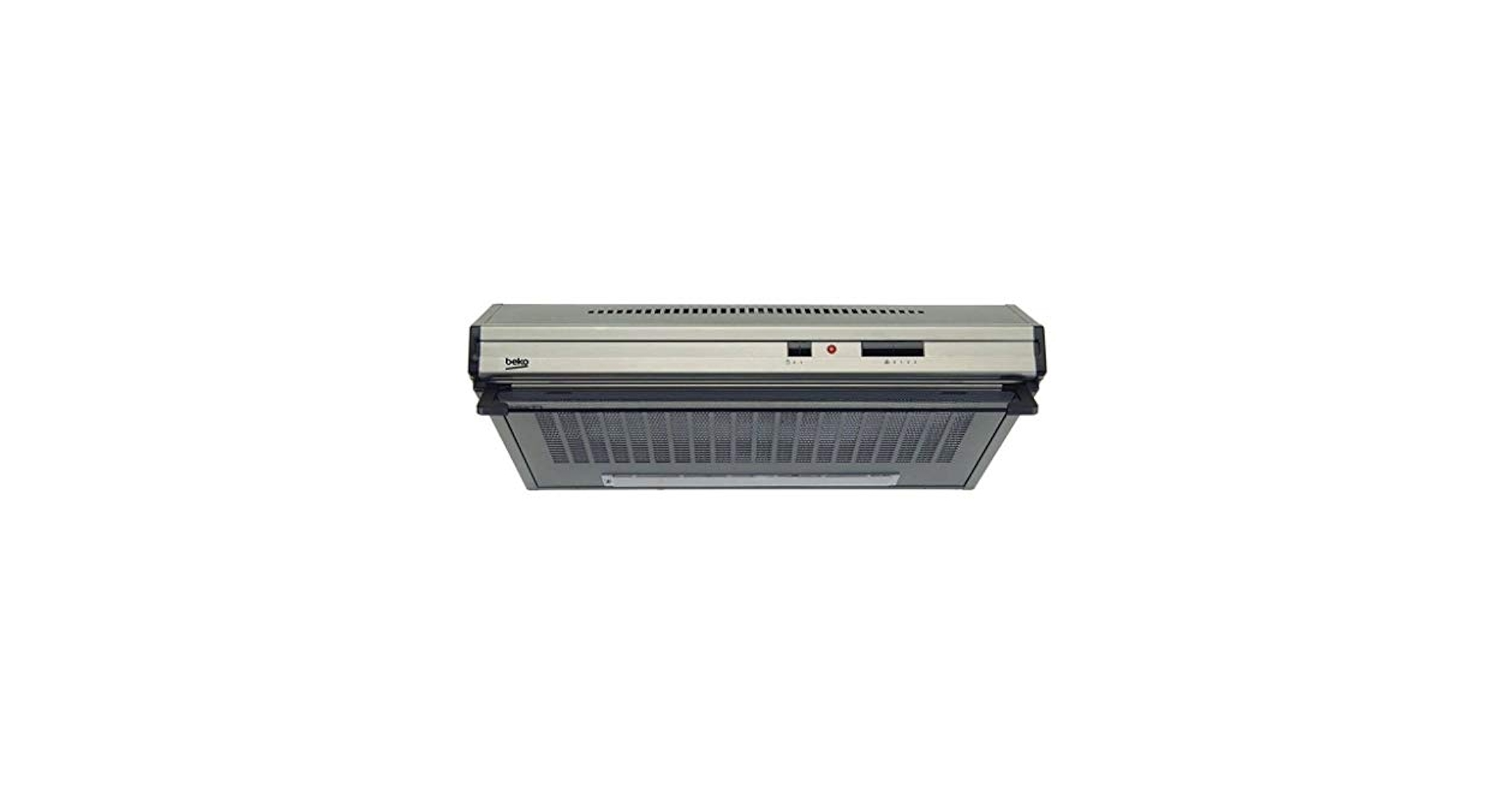 Una cappa Beko argentata è centrata su uno sfondo bianco. Ha un filtro a rete e un pannello di controllo con una luce rossa.
