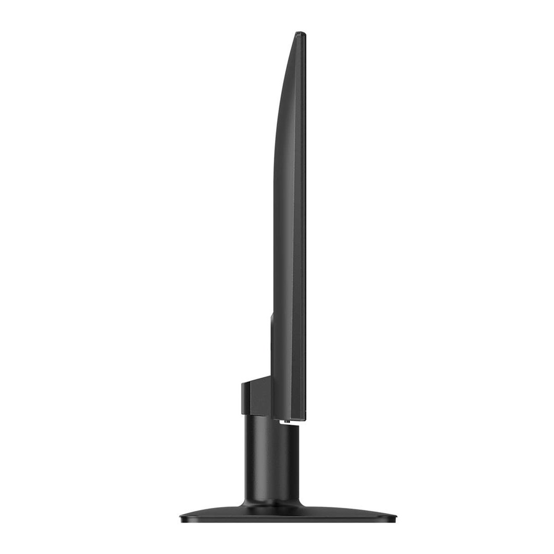 Widok z boku czarnego monitora komputera. Ekran jest cienki, wspierany przez podstawkę. Białe tło.