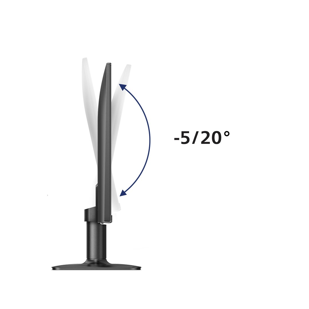 Widok z boku czarnego monitora na stojaku. Zakrzywiona strzałka pokazuje zakres pochylenia -5/20 stopni. Obrazy duchów pokazują ruch.