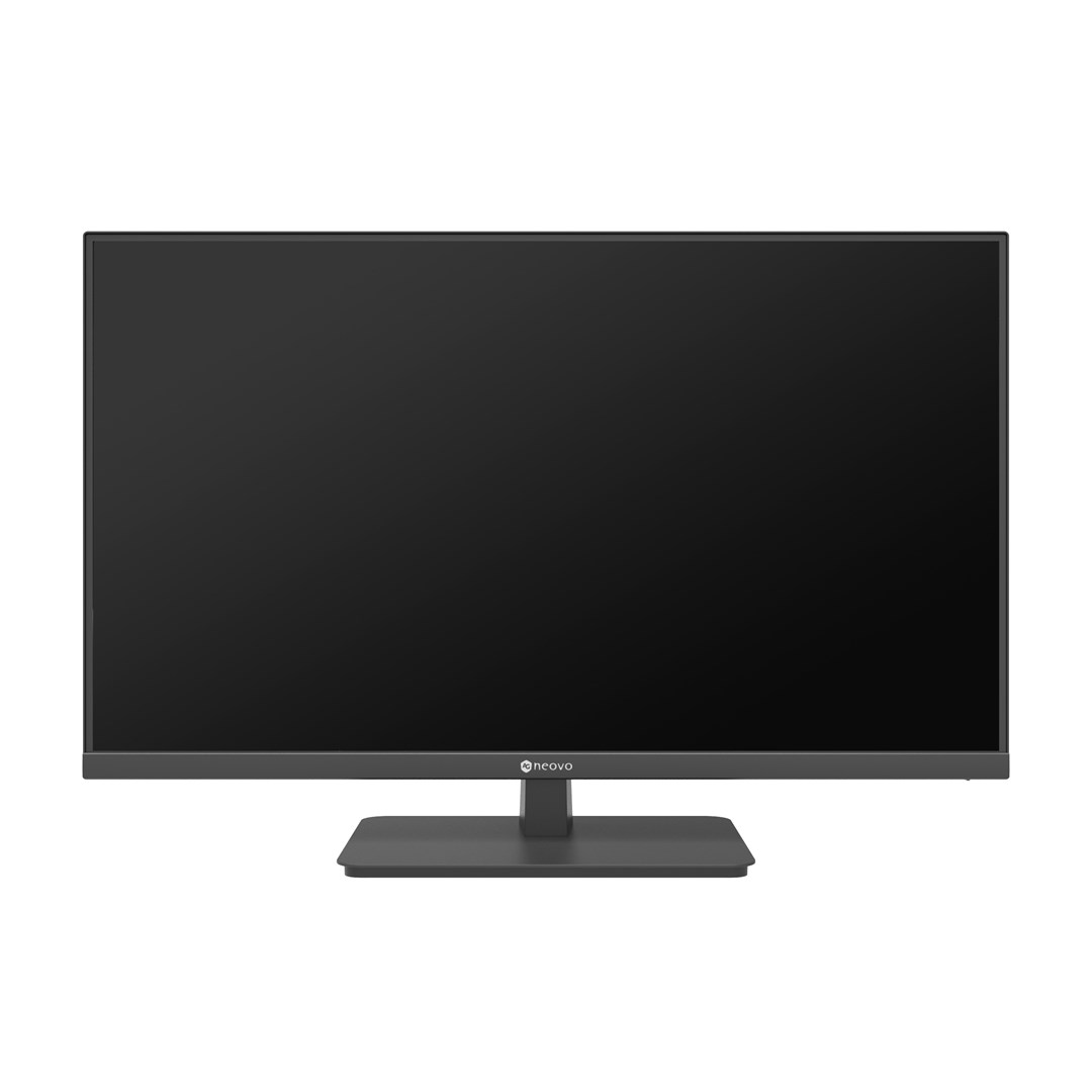 Czarny monitor komputera ze stojakiem jest wyświetlany na białym tle. Ekran monitora jest włączony.