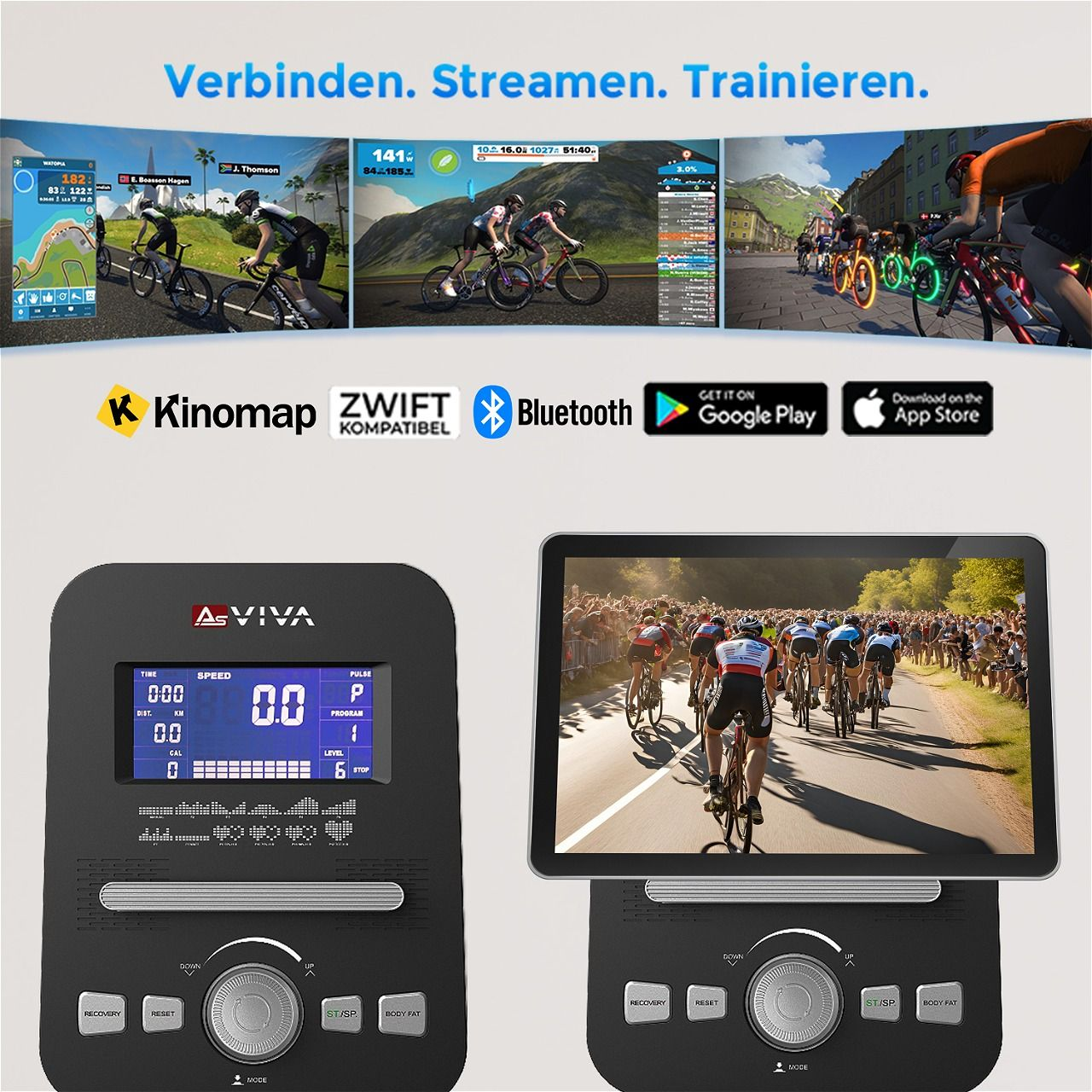 Ein Heimtrainer mit einem Bildschirm, der Radfahrdaten und Bilder von Radfahrern anzeigt. Es gibt auch kleinere Bildschirme mit Radfahr-Apps.