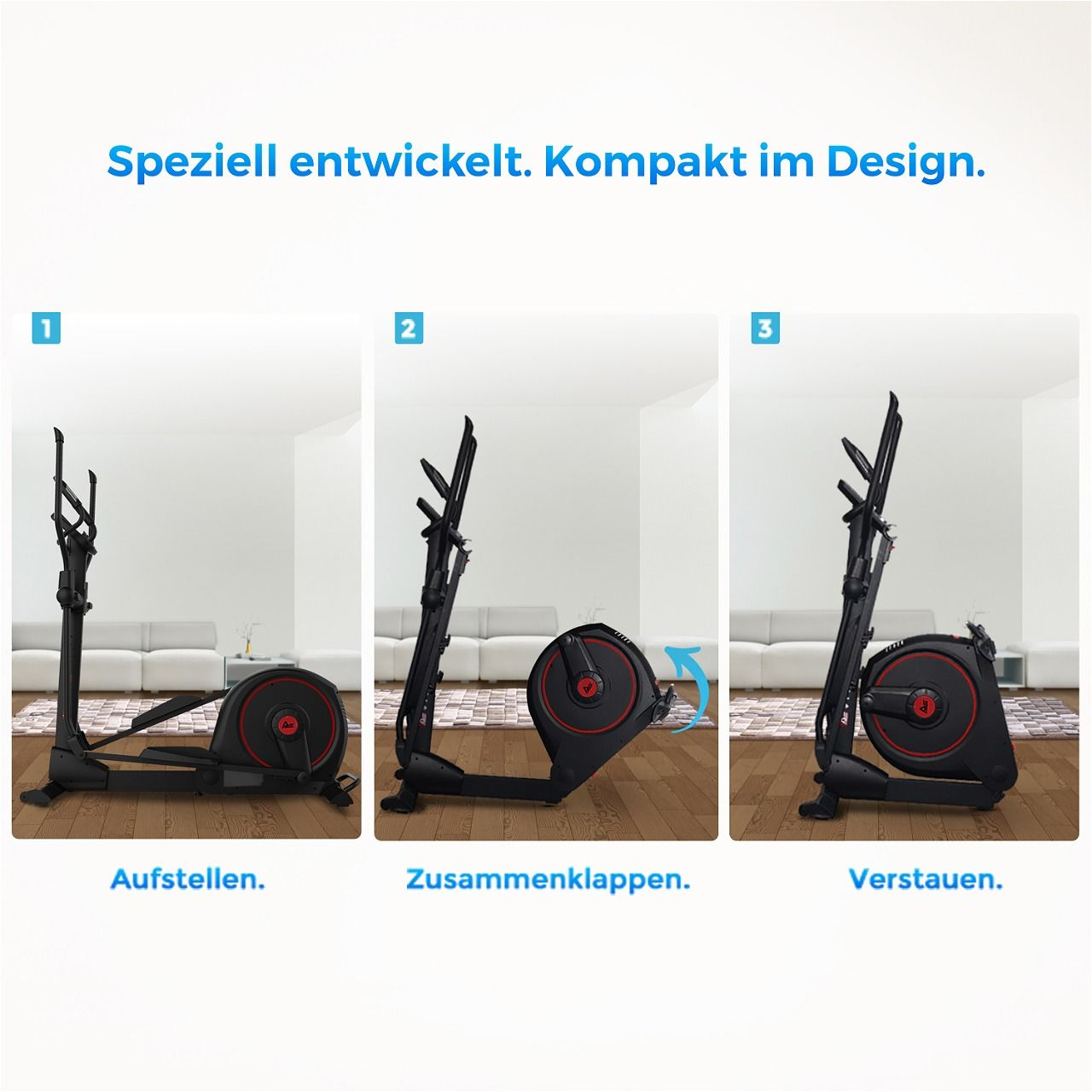 Ein Trainingsgerät wird in drei Phasen gezeigt: Aufbau, zusammengeklappt und verstaut. Text weist auf ein kompaktes Design hin. Weiße Wände sind im Hintergrund.