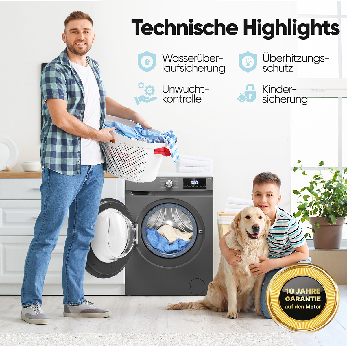 Ein Mann mit Wäsche, ein Junge mit einem Hund und eine Waschmaschine mit hervorgehobenen Merkmalen. Text: Technische Highlights.