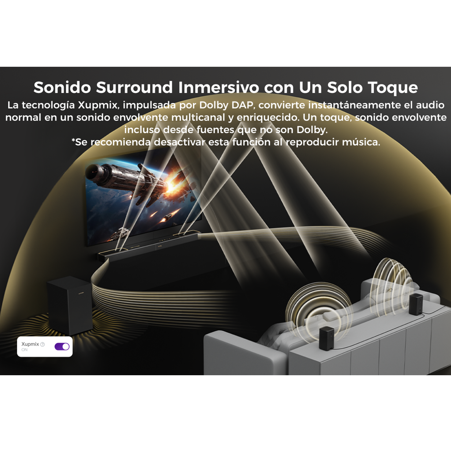 Una configuración de cine en casa con TV, barra de sonido, subwoofer y altavoces envolventes. El texto destaca la tecnología de sonido envolvente.