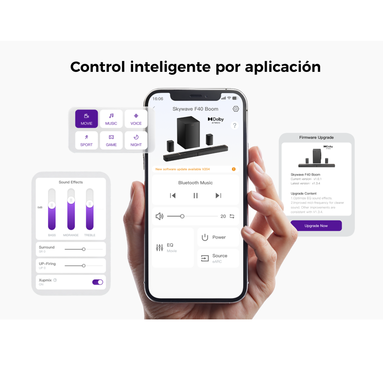 Una mano sostiene un teléfono que muestra la aplicación Skywave F40 Boom, con configuraciones de sonido y opciones de actualización de firmware.