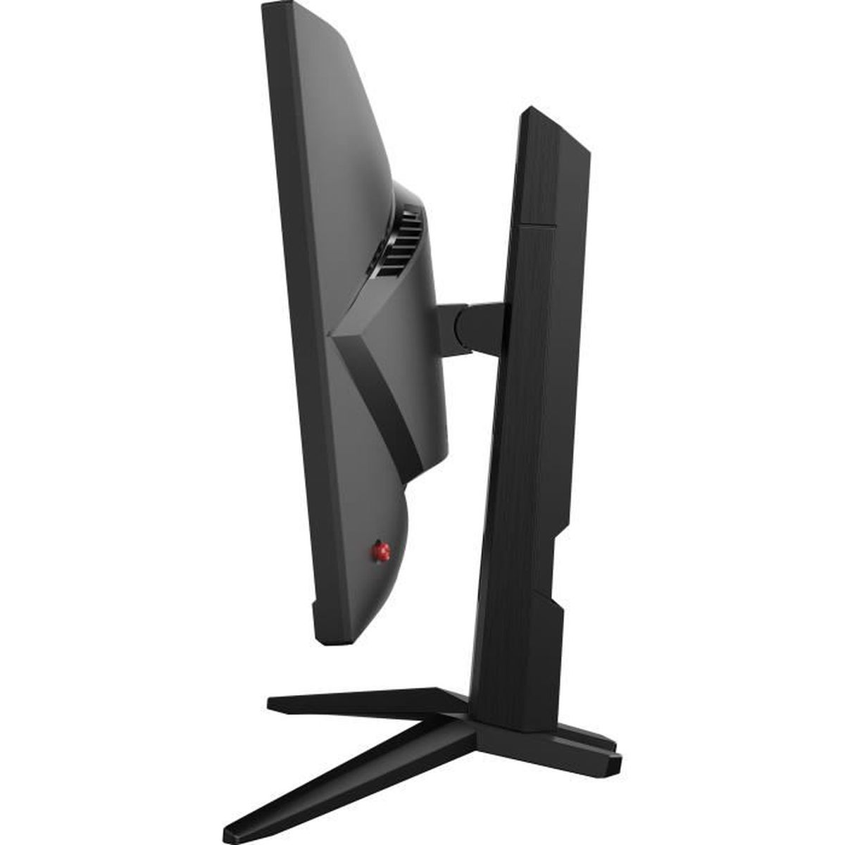 Czarny monitor komputera z boku. Ma podstawkę i czerwony przycisk na dole.