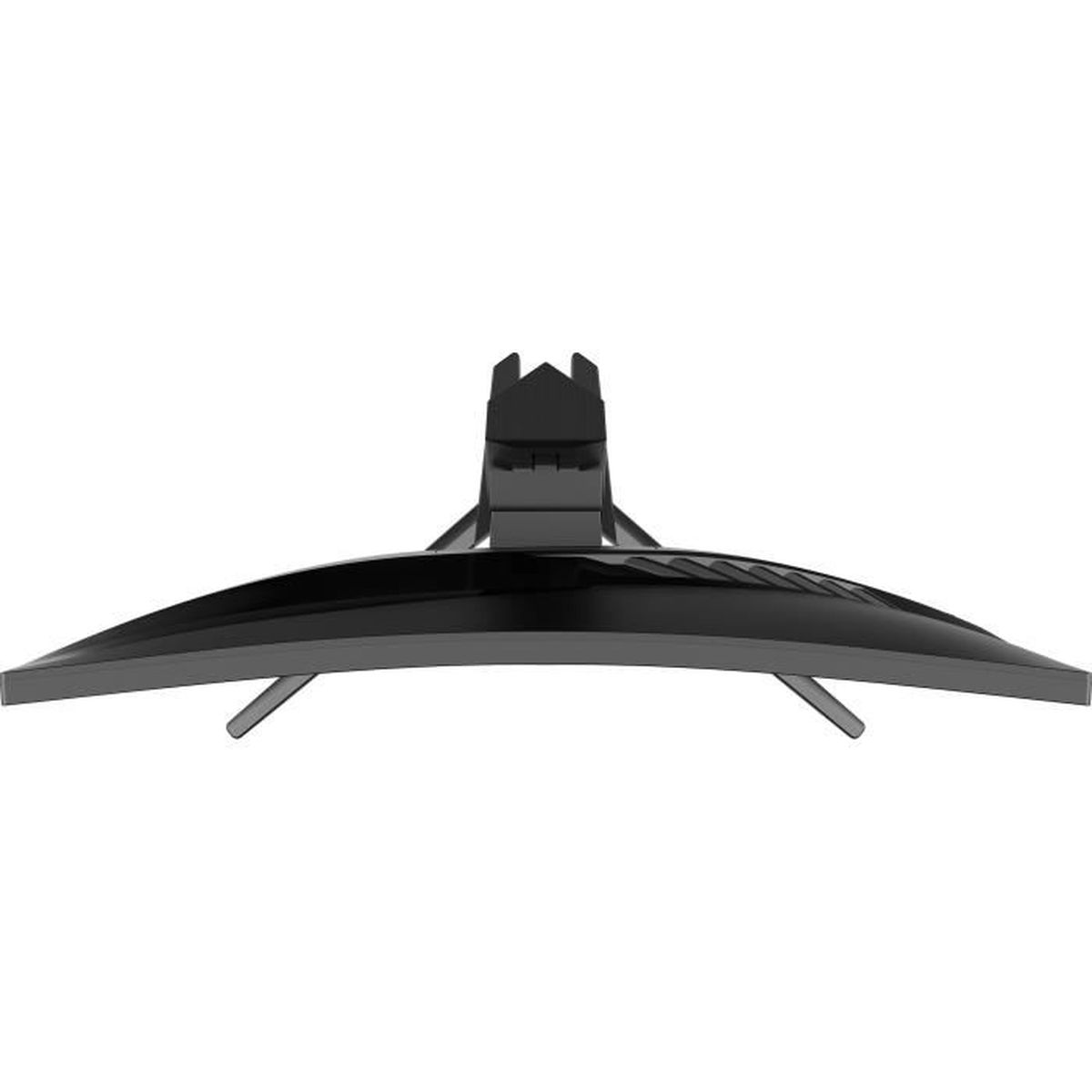 Zakrzywiony czarny monitor komputerowy widoczny od dołu. Stojak jest na górze, a ekran wygina się w dół. Białe tło.