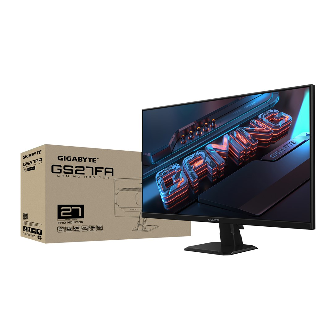 Monitor do gier Gigabyte GS27FA z pudełkiem, wyświetlający żywy ekran z grafiką do gier. Czarny monitor na czarnym stojaku.
