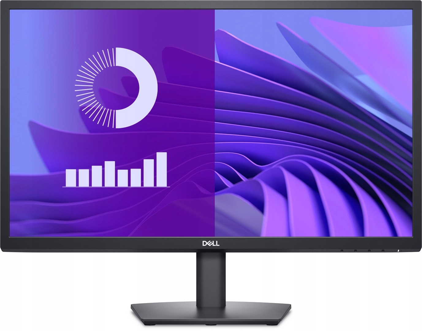 Un monitor Dell mostra una grafica astratta viola divisa a metà. Un lato presenta un semicerchio bianco e un grafico a barre.