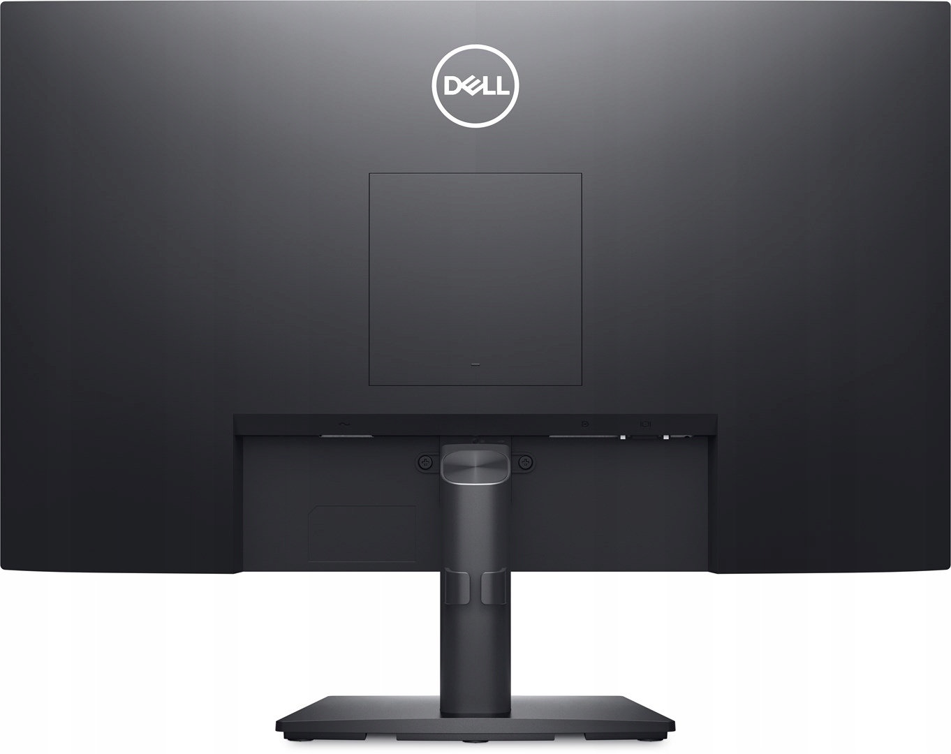 Retro di un monitor Dell nero. Il logo Dell è in alto. Anche il supporto e la base sono neri.