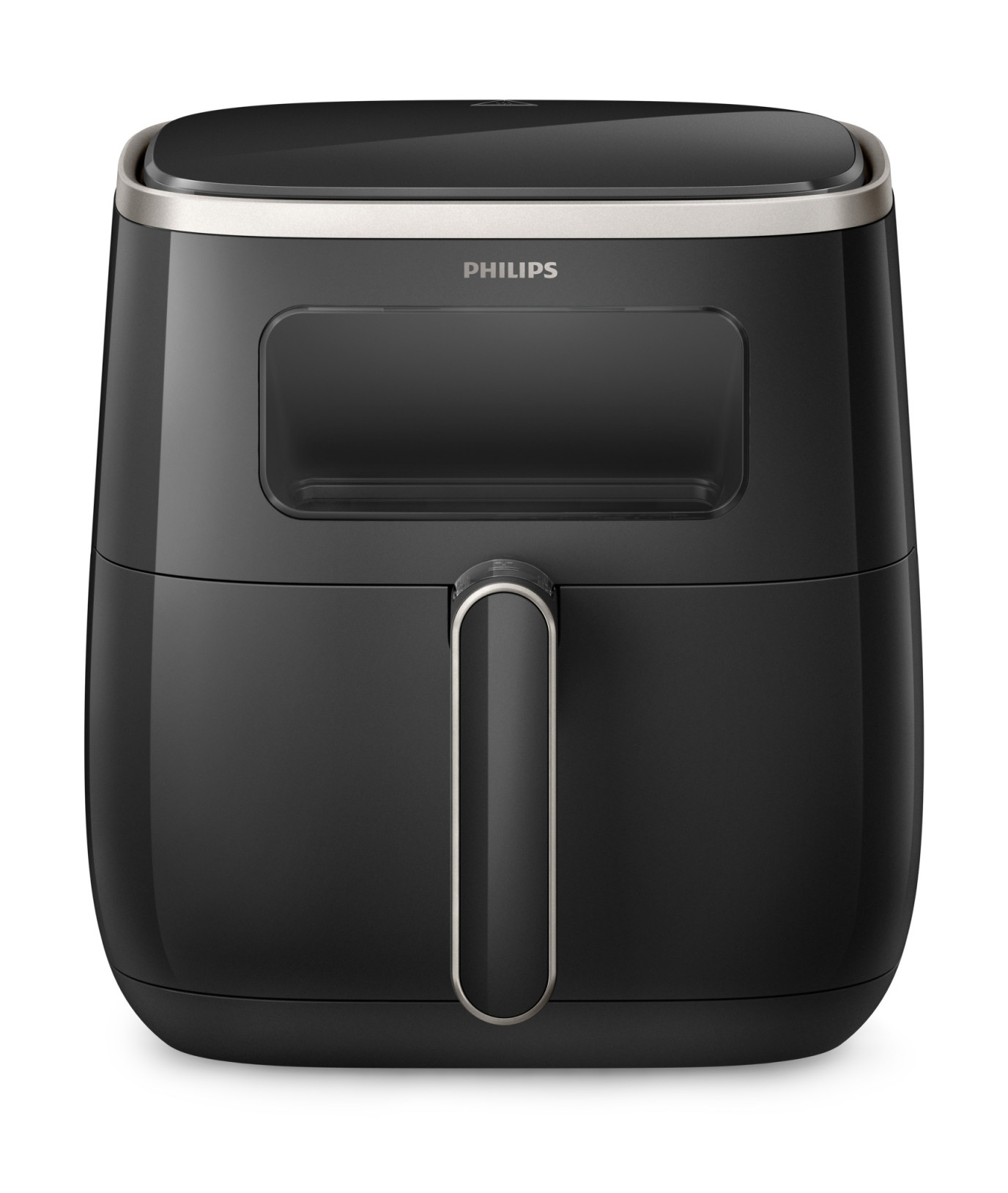 Czarna frytkownica Philips, srebrne wykończenie. Posiada uchwyt i okno. Tło jest białe.