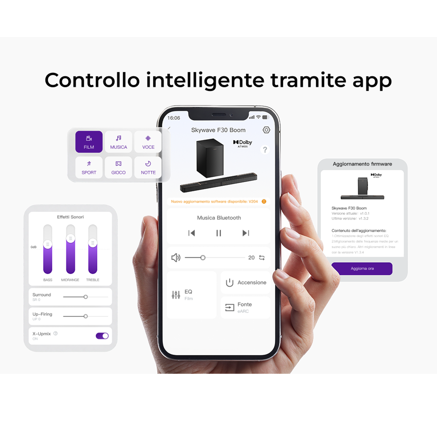 Una mano tiene un telefono che mostra un'app di controllo degli altoparlanti. L'app ha un lettore musicale e un equalizzatore.