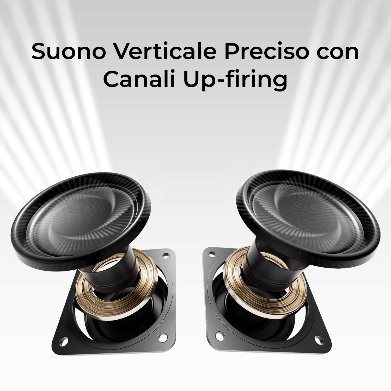 Due altoparlanti neri con anelli dorati, su basi quadrate nere, che irradiano verso l'alto. Testo in alto: Suono verticale preciso con canali up-firing.