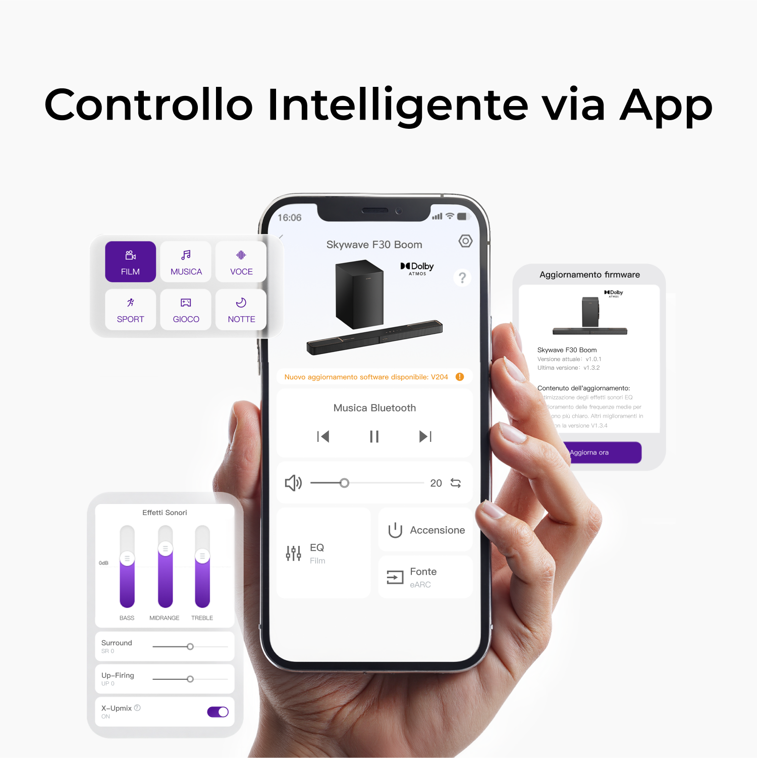 Una mano tiene in mano un telefono che mostra un'interfaccia dell'app. L'app controlla la musica, le impostazioni audio e una soundbar Skywave F30 Boom.