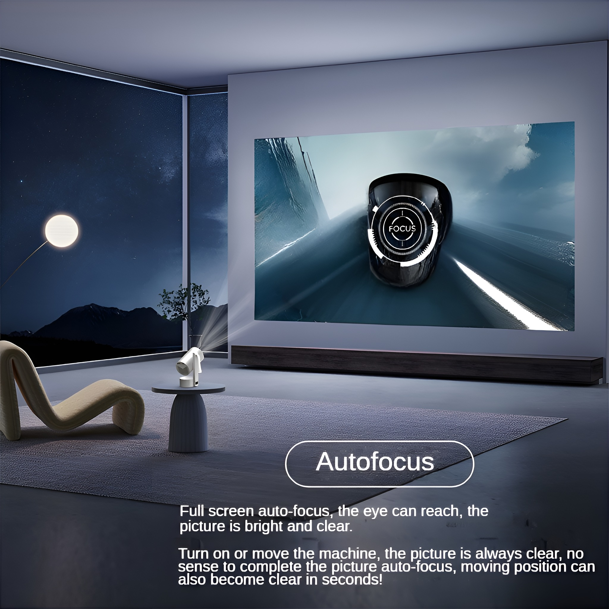 Ein moderner Raum mit einem Projektor, der ein klares Bild anzeigt. Autofokus-Text ist sichtbar. Ein Stuhl und eine Lampe sind ebenfalls vorhanden.