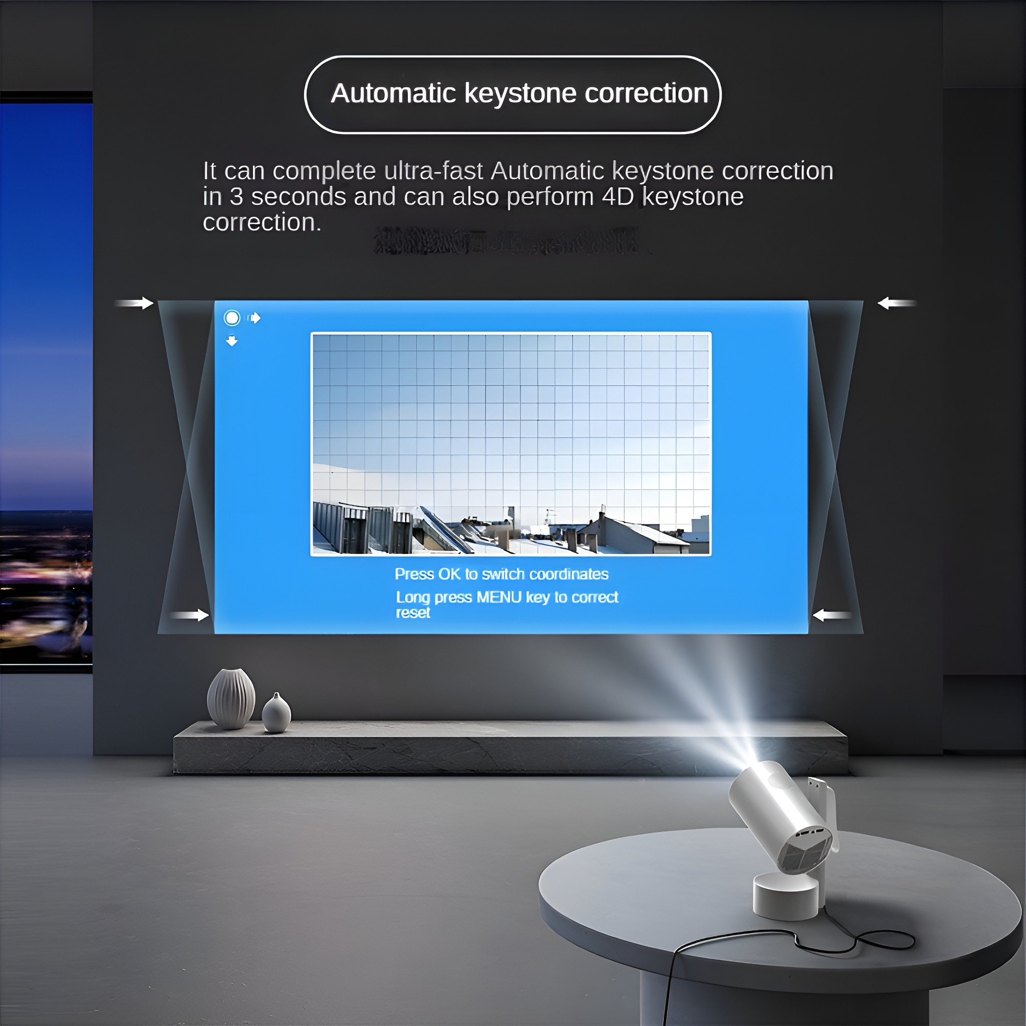 Ein Projektor projiziert auf eine Leinwand mit Gebäuden. Text lautet 'Automatische Trapezkorrektur' und '4D-Trapezkorrektur'.
