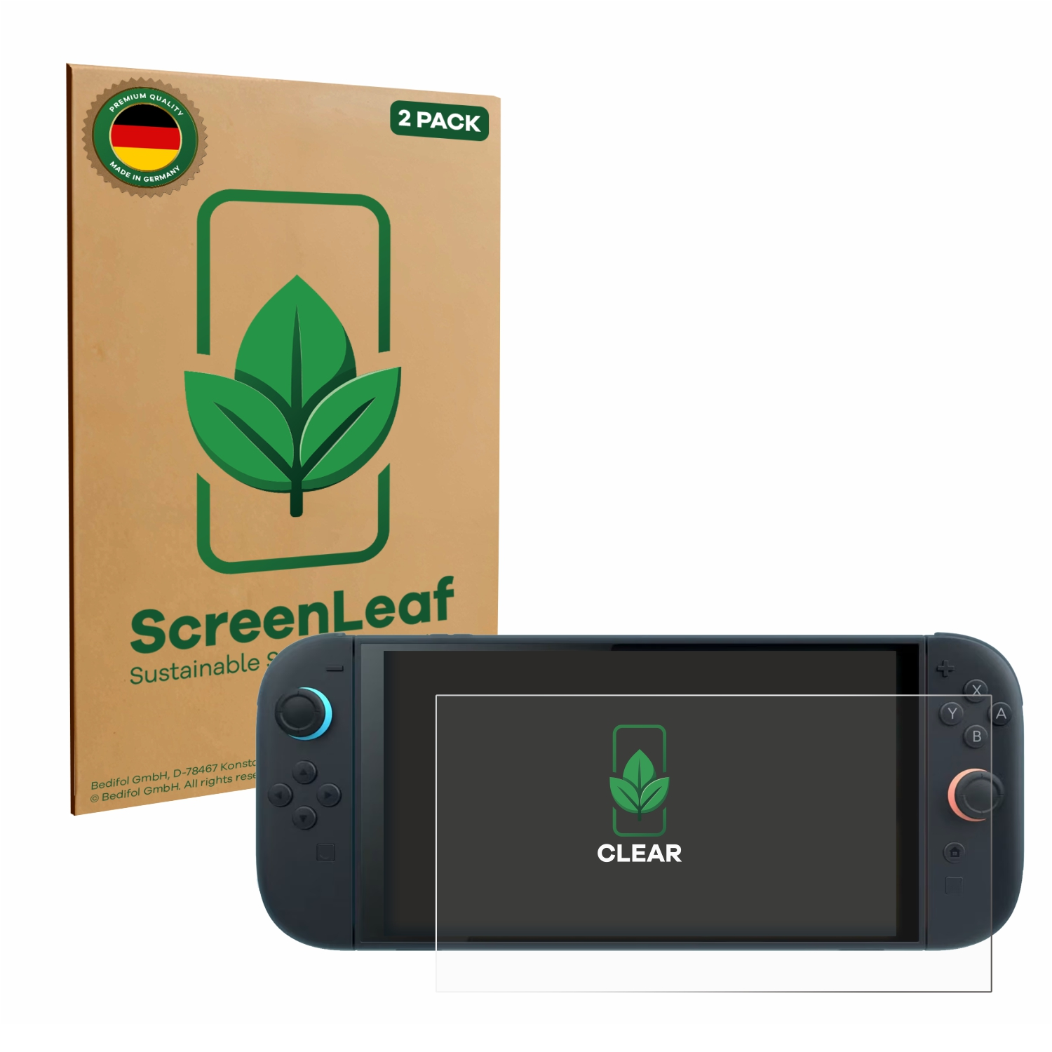 Eine Nintendo Switch mit Displayschutzfolie neben einer ScreenLeaf-Box, die ein Blattlogo zeigt. Der Bildschirm sagt CLEAR.