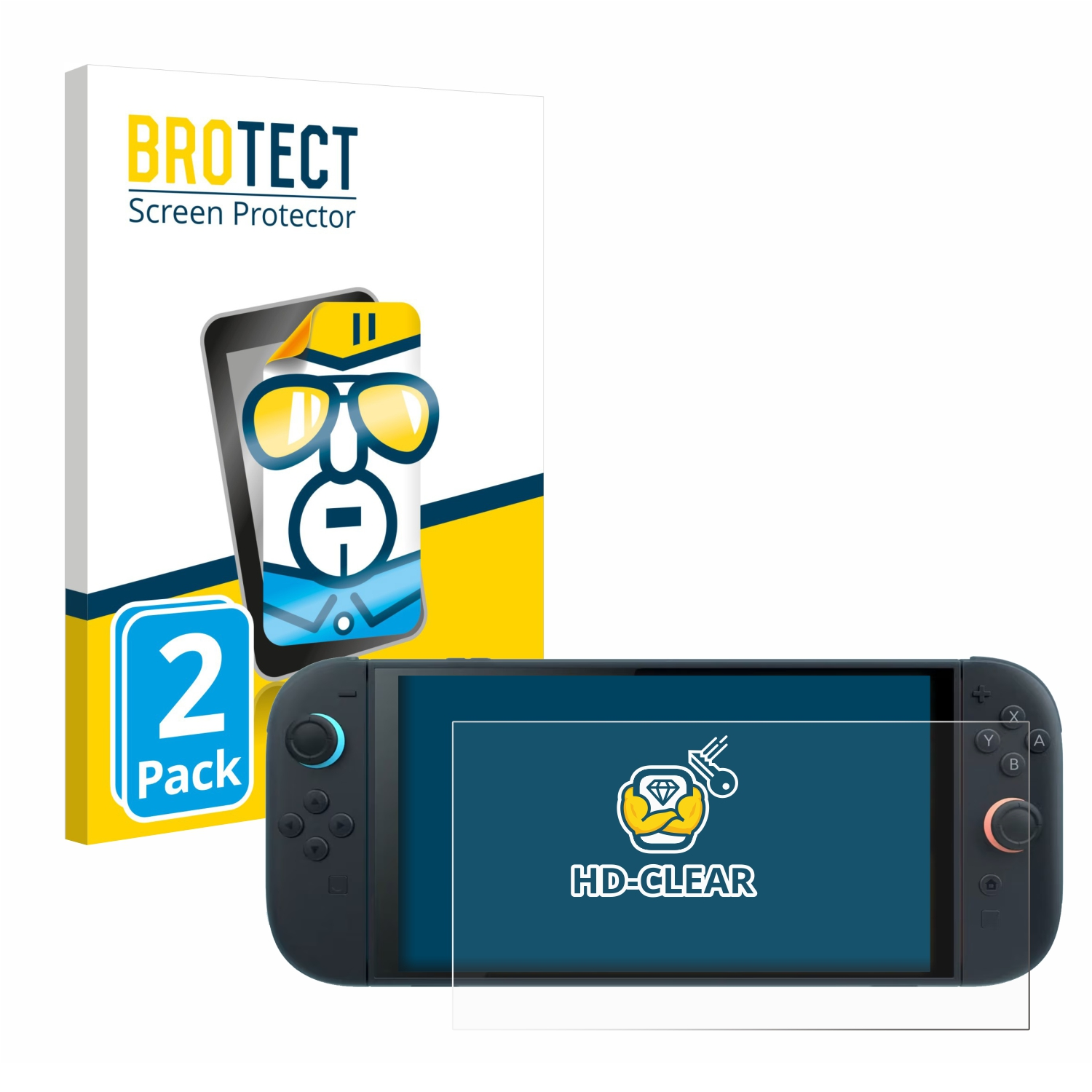 Eine Nintendo Switch mit Displayschutzfolie und eine Packung Displayschutzfolien. Die Box zeigt einen Cartoon eines Bildschirms mit Brille.