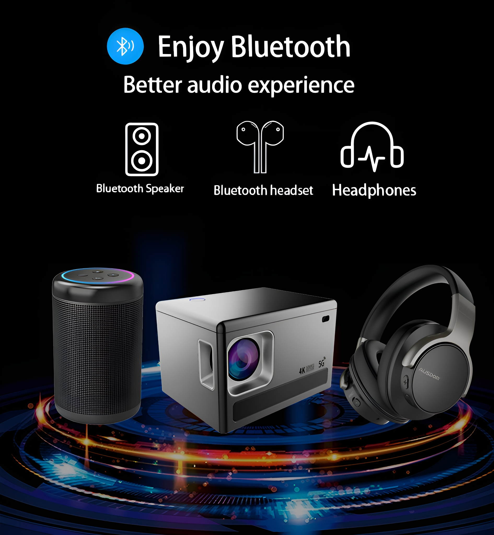 Bild zeigt Bluetooth-Geräte: Lautsprecher, Projektor und Kopfhörer. Text sagt: 'Genießen Sie Bluetooth, besseres Audioerlebnis' auf schwarzem Hintergrund.