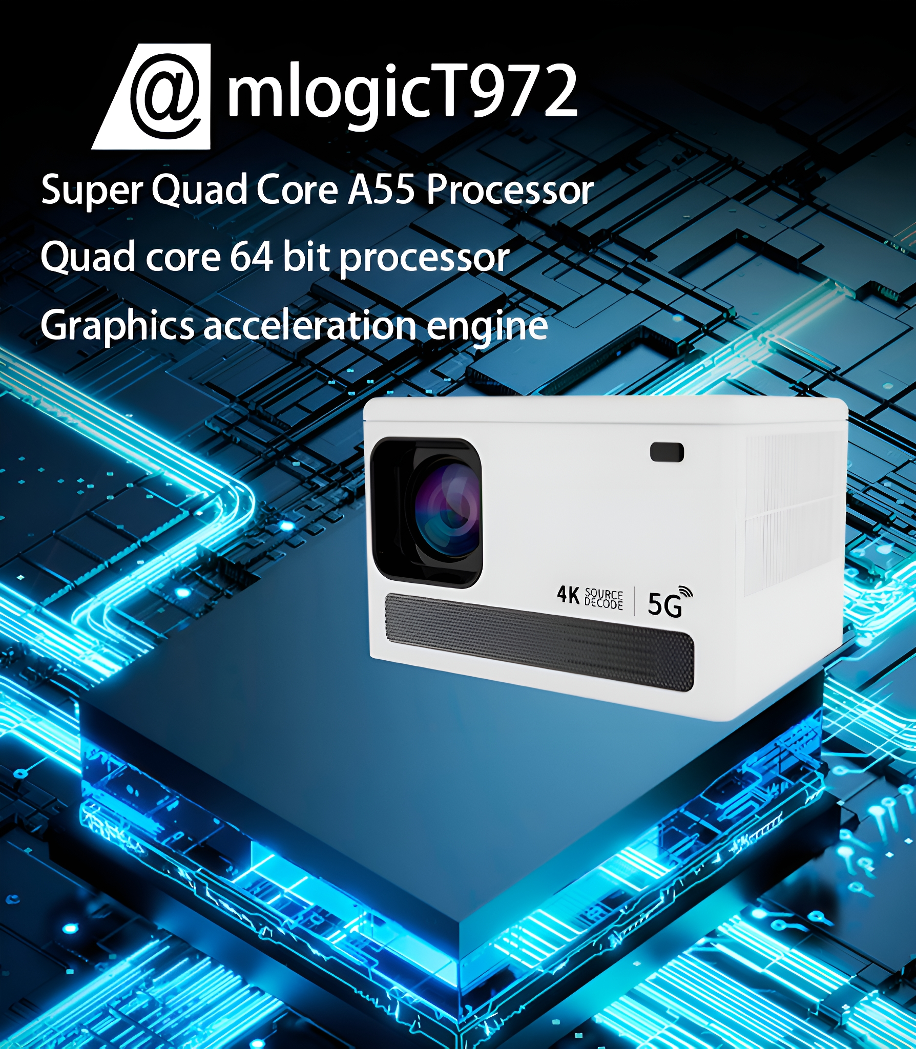 Das Bild zeigt einen weißen 4k 5G-Projektor auf blauem Hintergrund mit Schaltungsmustern.