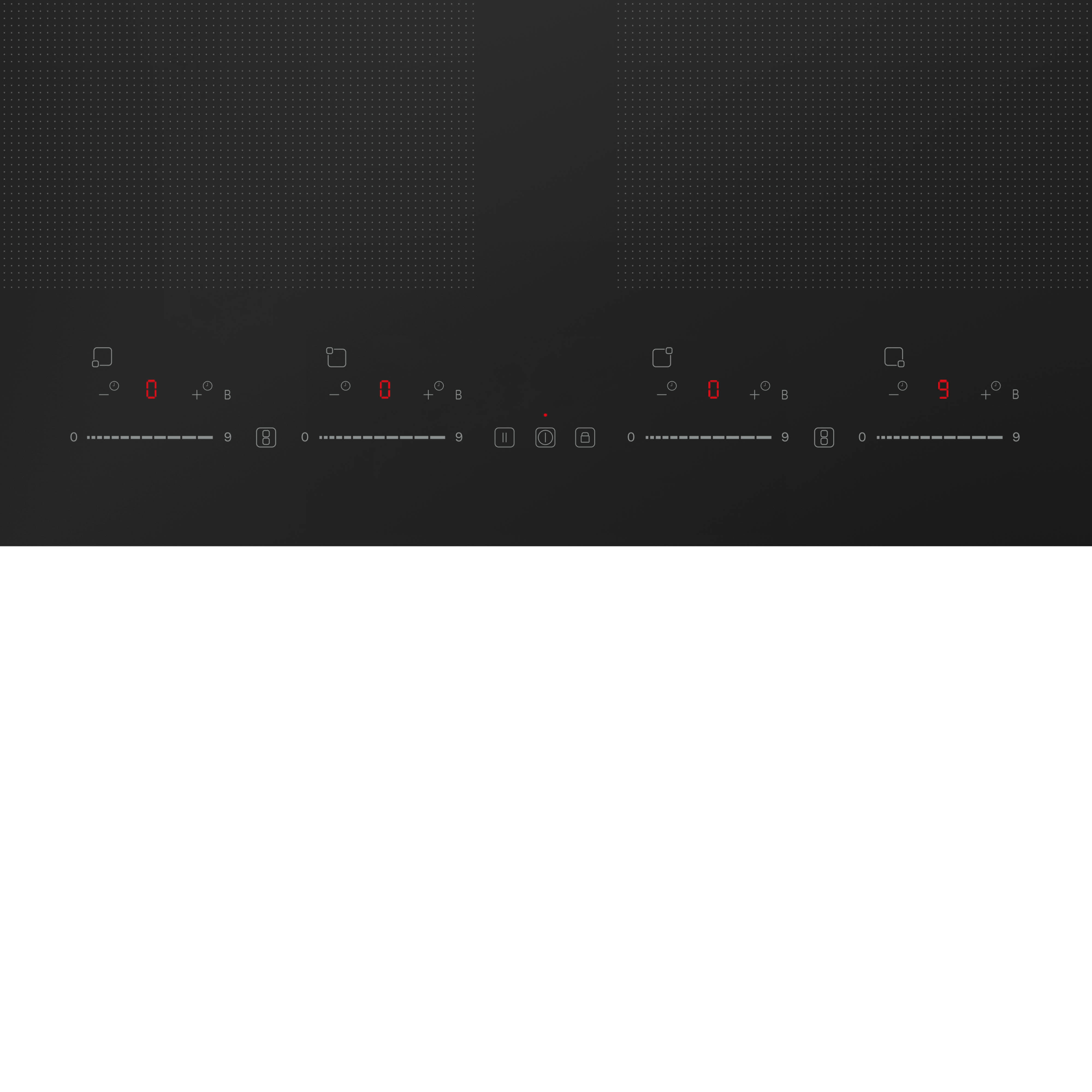 A black stovetop with four control panels. The rightmost display shows a red '9'. The others display a red '0'.